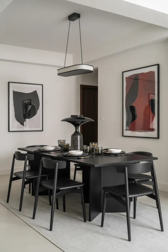 Black Dining Set with Modern Artwork