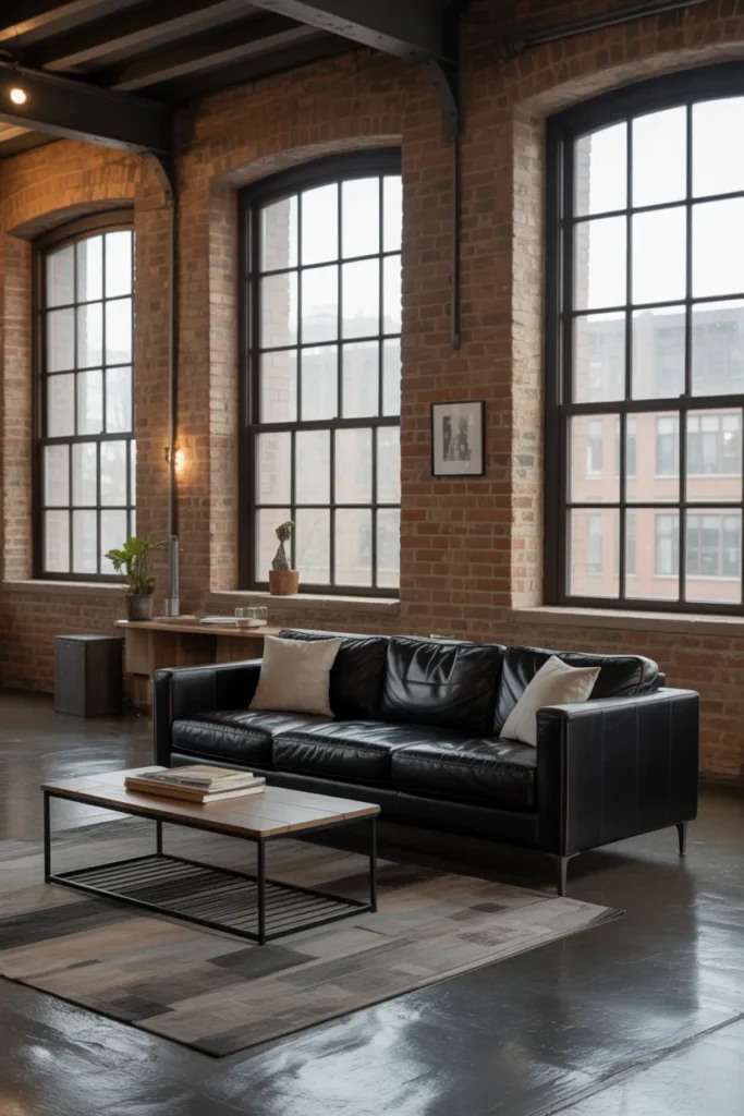 Black Leather Sofa in an Industrial Loft