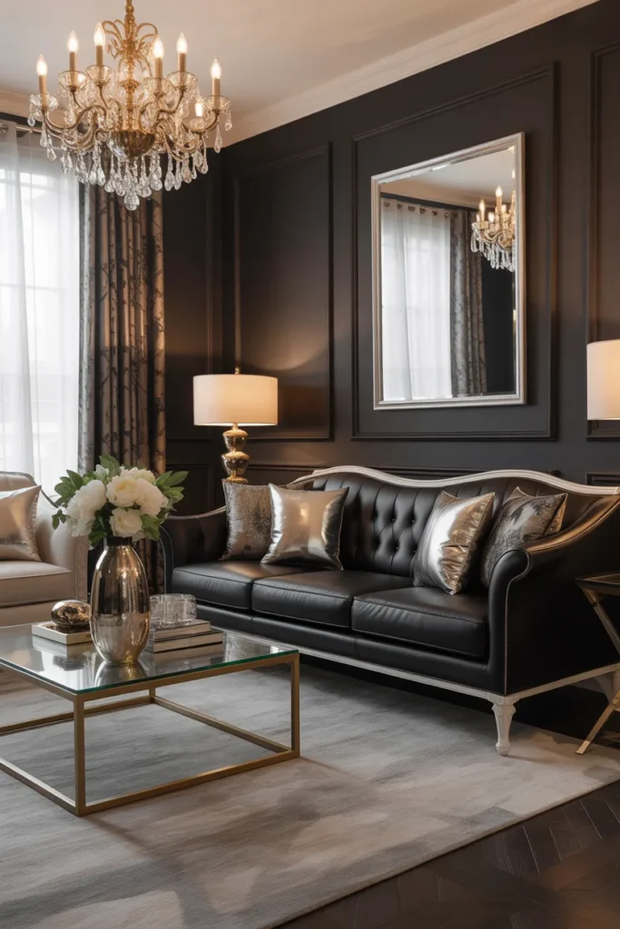 Black Sofa in a Glamorous Living Room