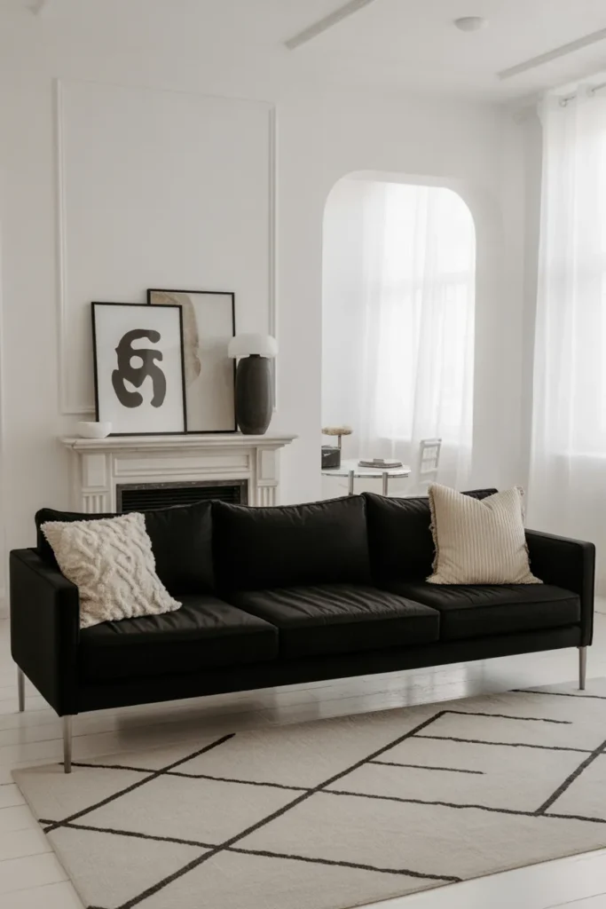 Black Sofa in a High-Contrast White Room