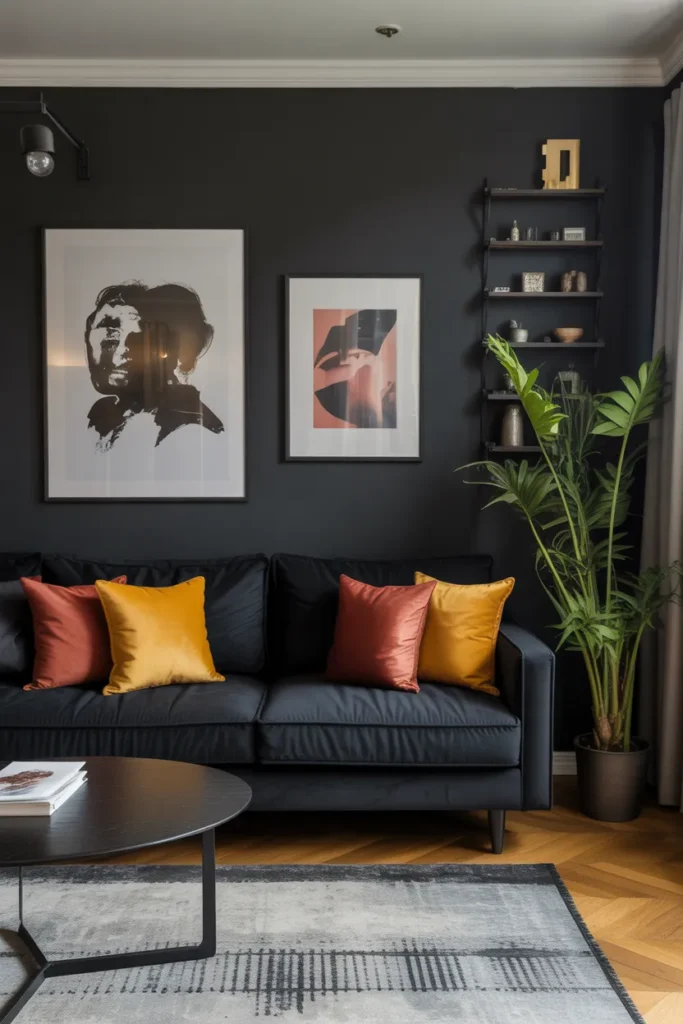 Black Sofa with Bold Color Accents