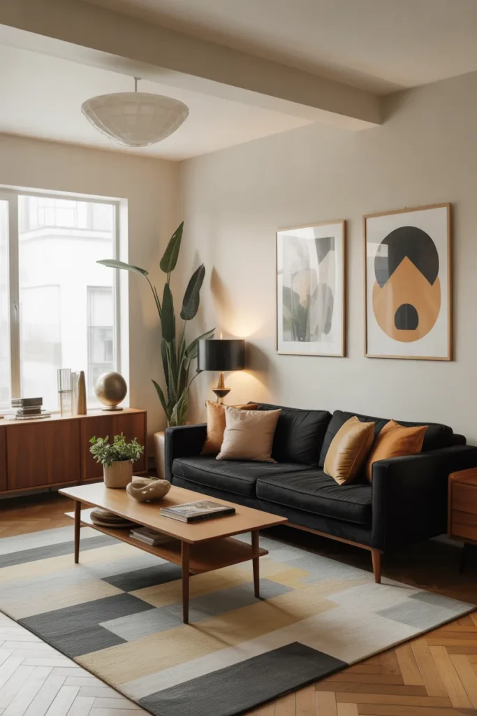 Black Sofa with Mid-Century Modern Decor