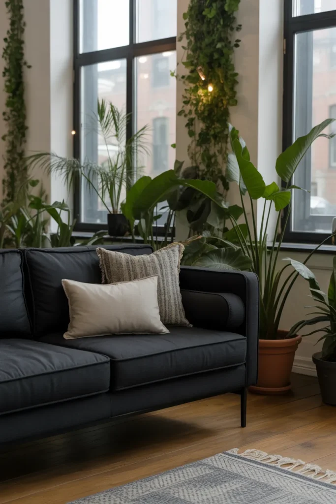 Black Sofa with Natural Greenery