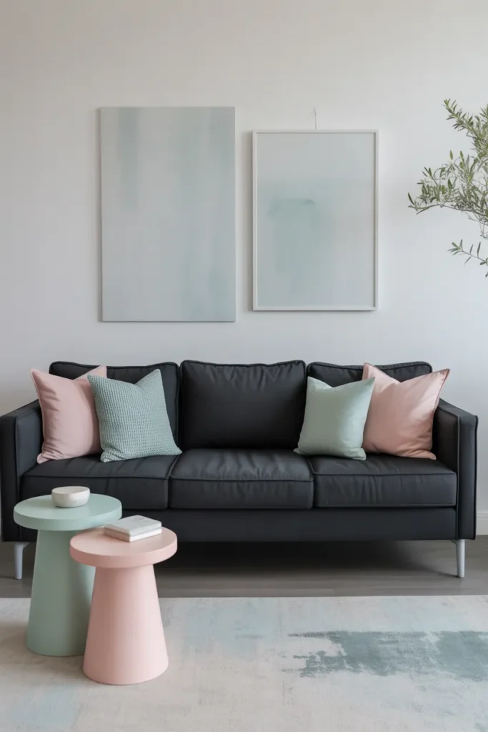 Black Sofa with Soft Pastel Accents