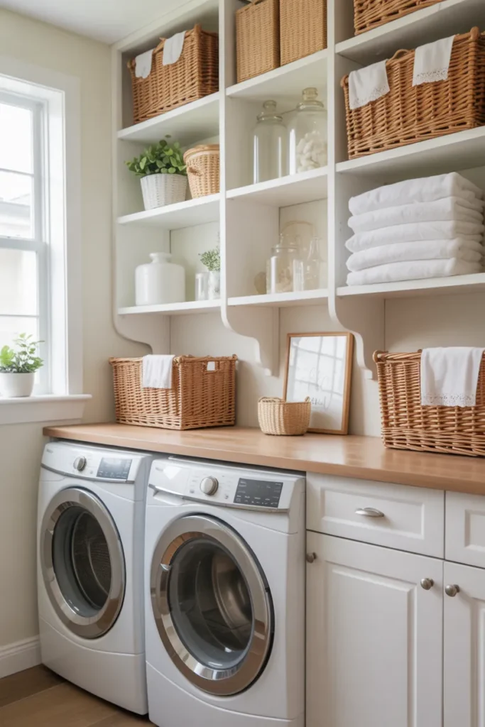 Bright White Laundry Room with Open Shelving