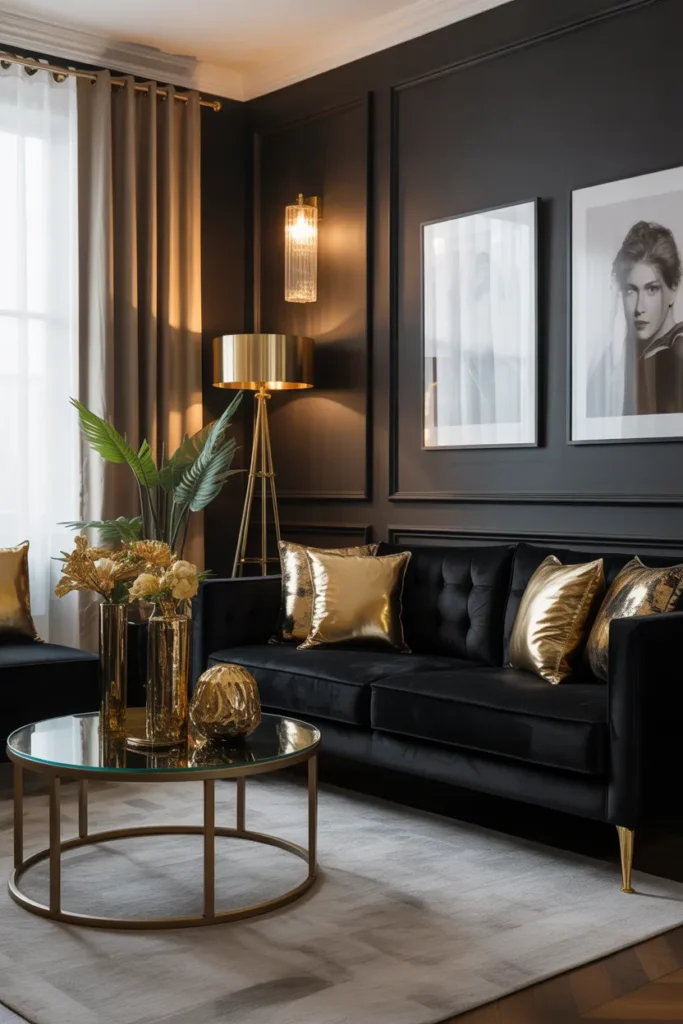  Chic Black Sofa with Gold Accents