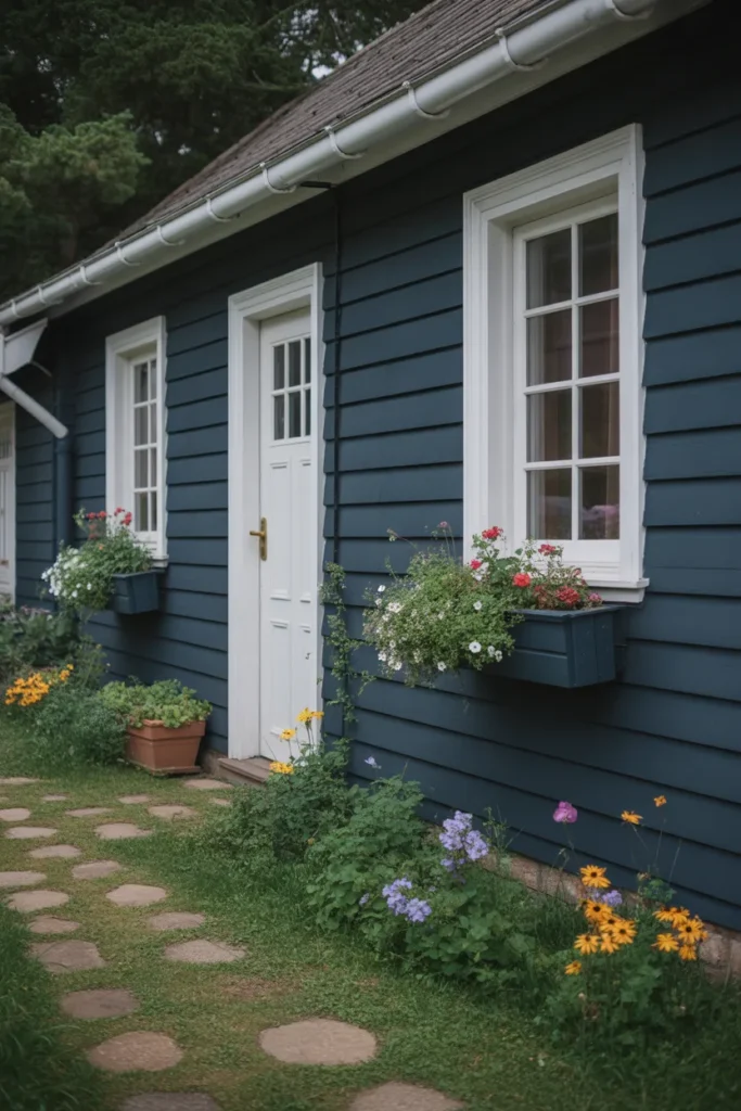 Cottage in Deep Blue with Flower Boxes