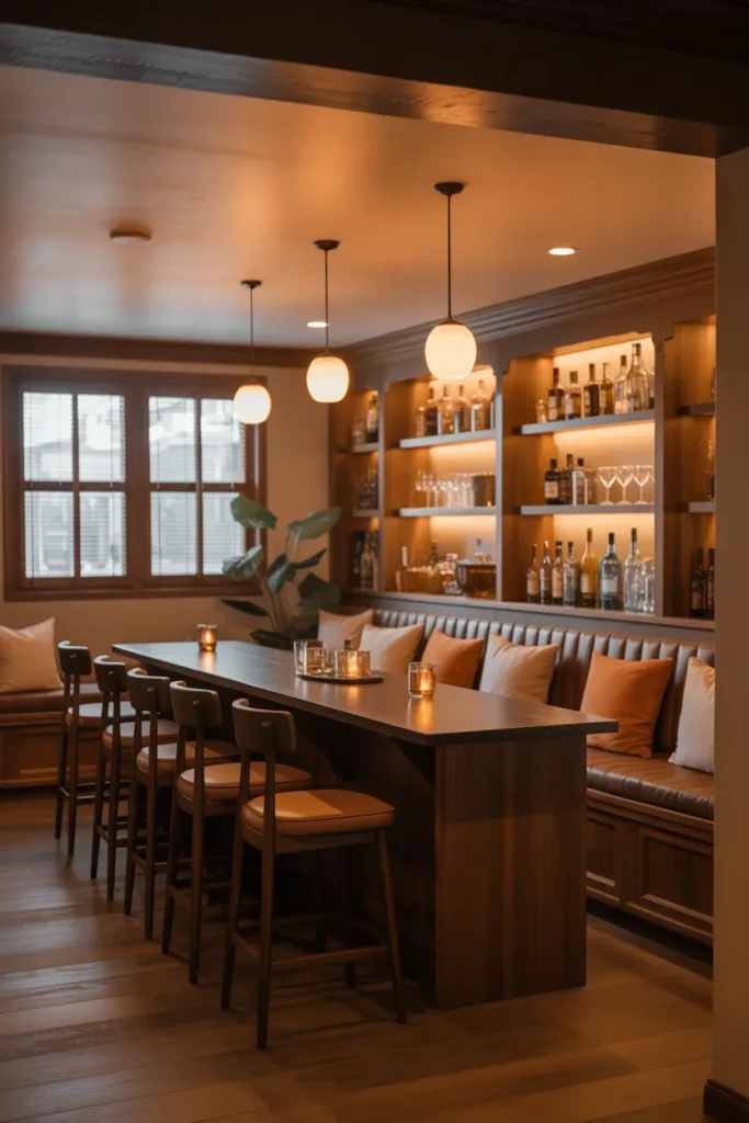 Cozy Basement Bar with Built-In Seating