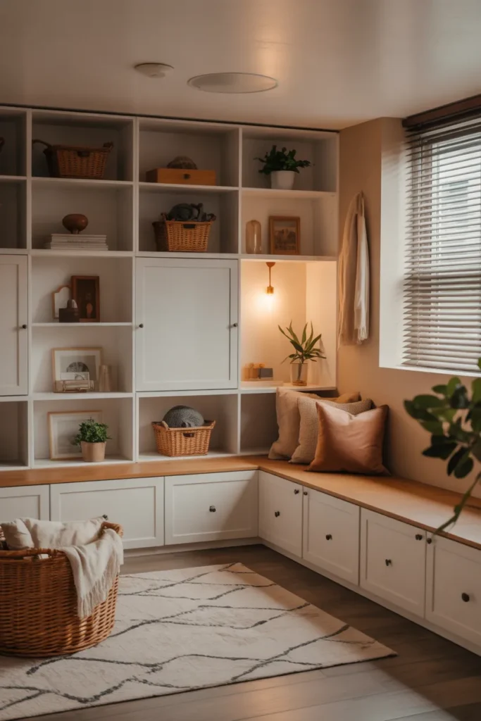 Cozy Basement with Built-In Storage