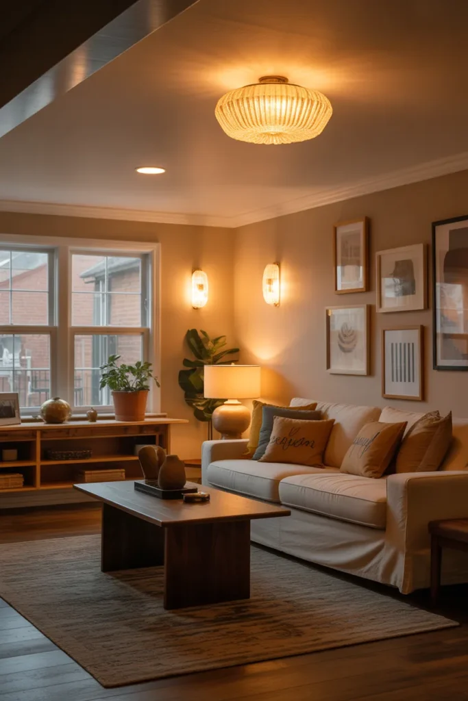 Cozy Basement with Layered Lighting