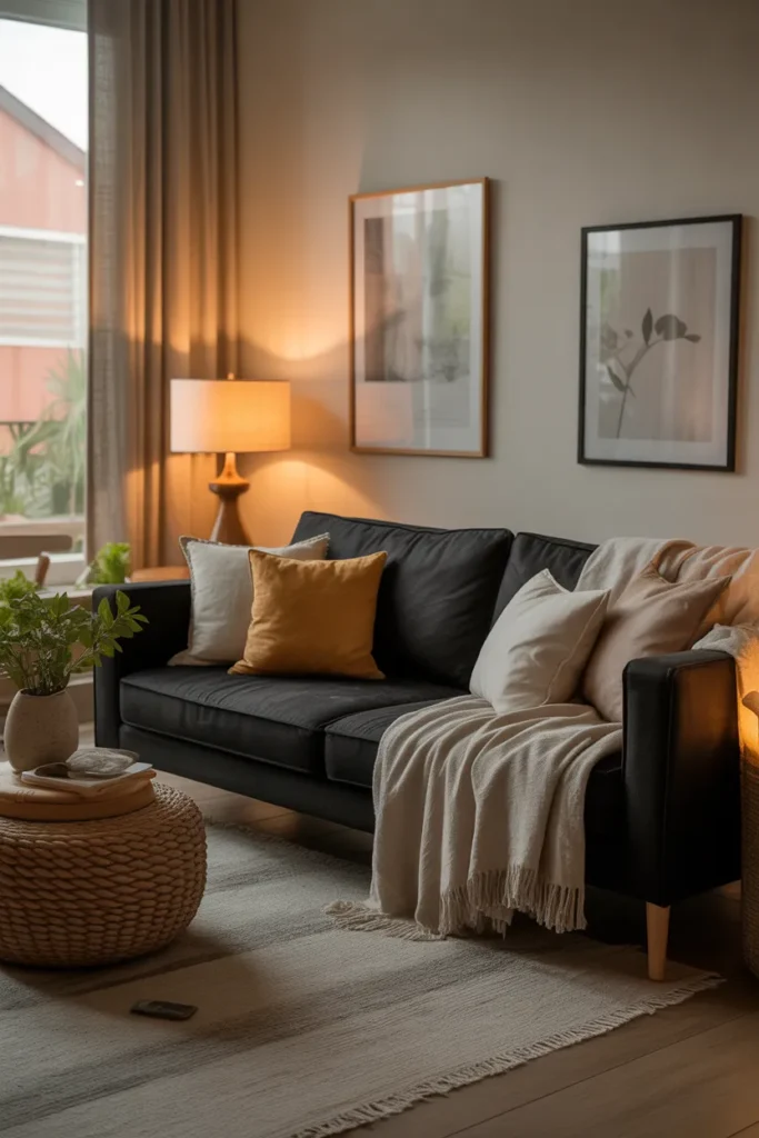 Cozy Living Room with a Black Sofa and Warm Lighting