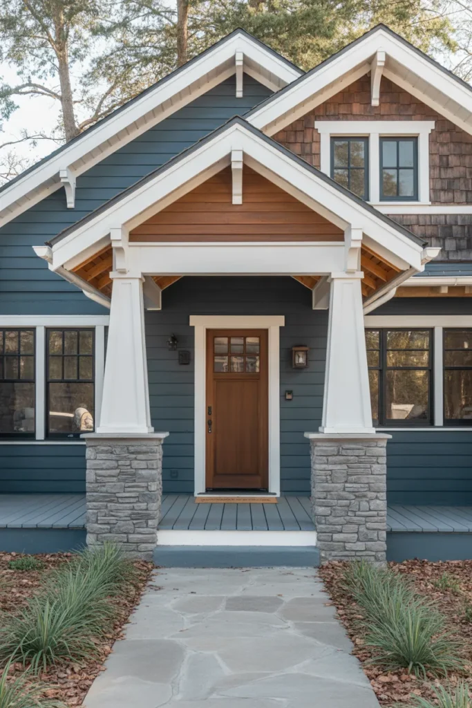 Dark Blue Craftsman with Stone Columns
