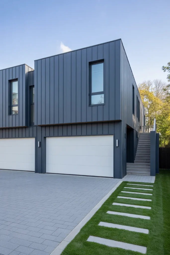 Dark Blue with Bold White Garage Doors