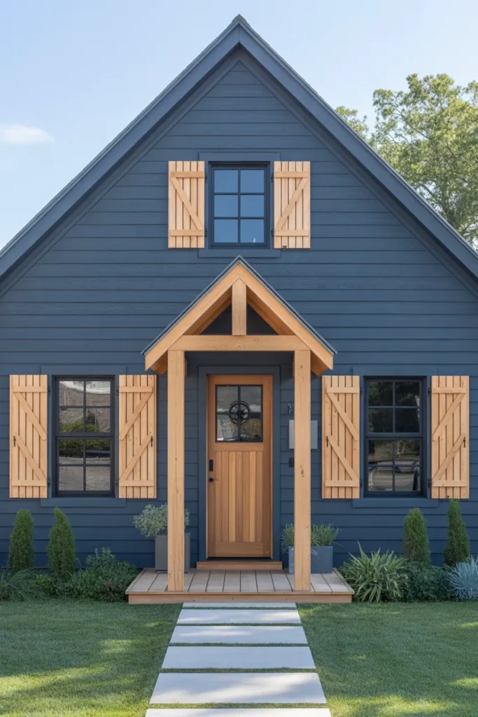 Dark Blue with Natural Wood Accents