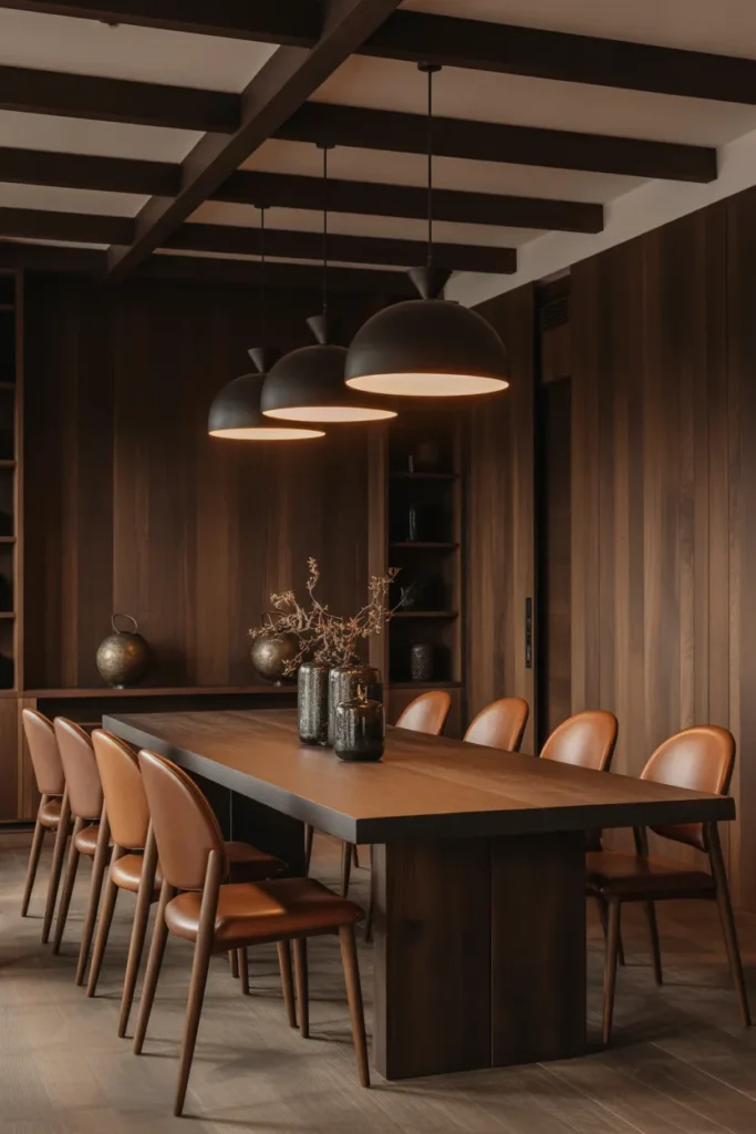 Dark Wood Dining Table with Leather Chairs