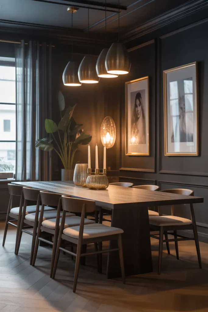 Deep Charcoal Walls with Gold Accents
