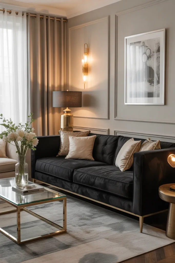Elegant Black Velvet Sofa with Luxe Decor