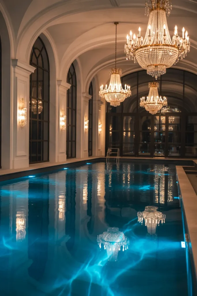 Elegant Indoor Pool with Chandeliers