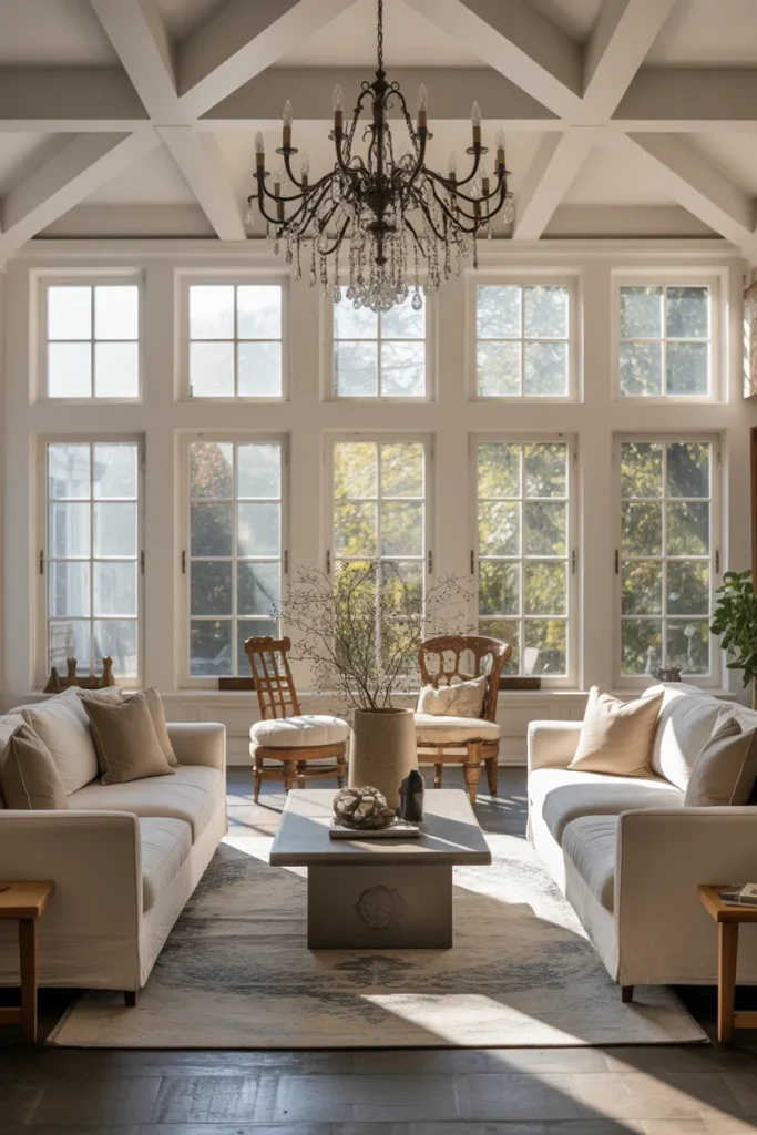Elegant Sunroom with Statement Lighting