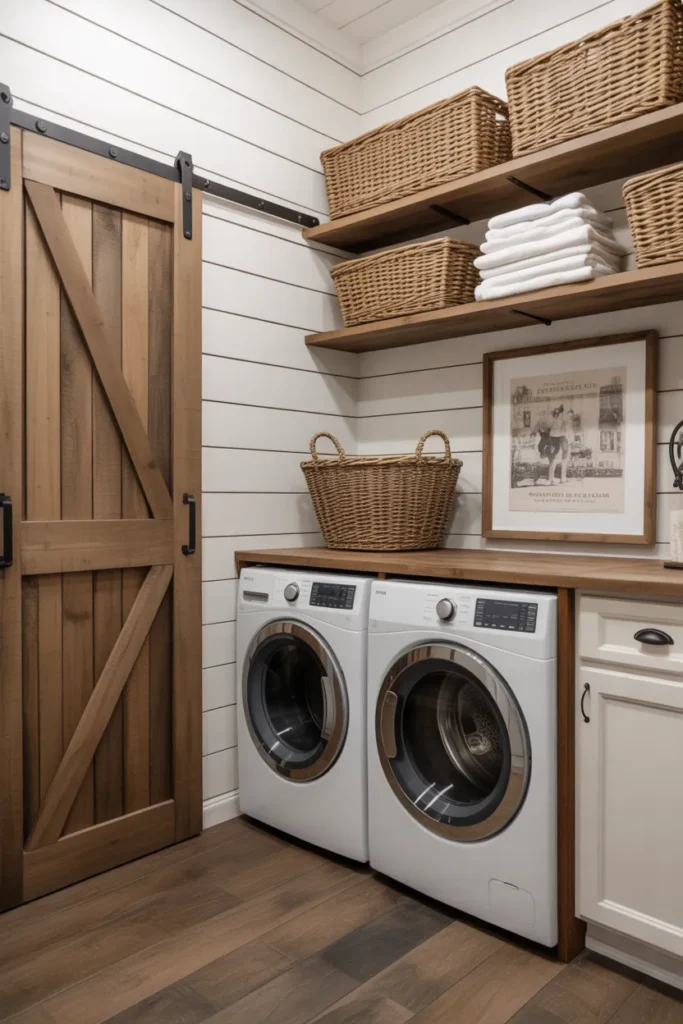 Farmhouse Laundry Room with Sliding Barn Door