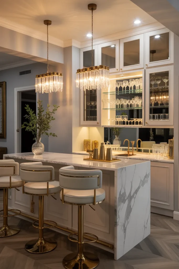 Glamorous Basement Bar with Marble Accents