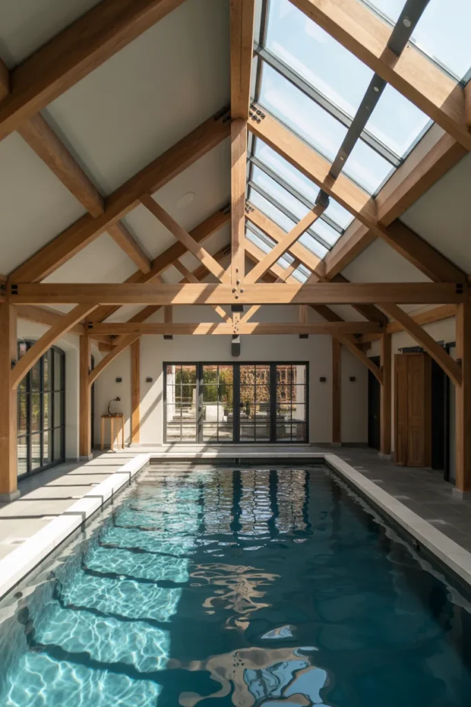  Indoor Pool with Ceiling Beams and Skylights