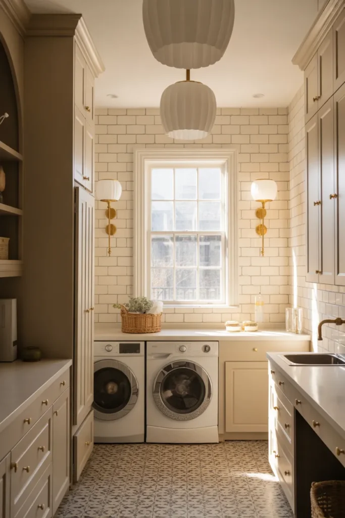 Laundry Room with Luxe Lighting Fixtures