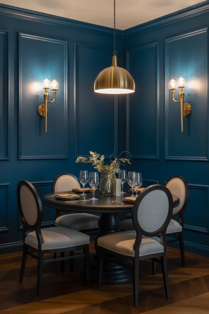 Moody Navy Blue Walls with Brass Lighting