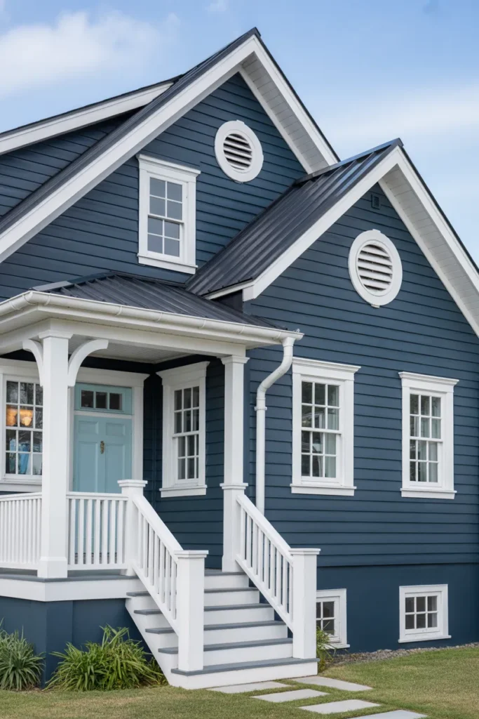 Navy Blue and Crisp White Trim
