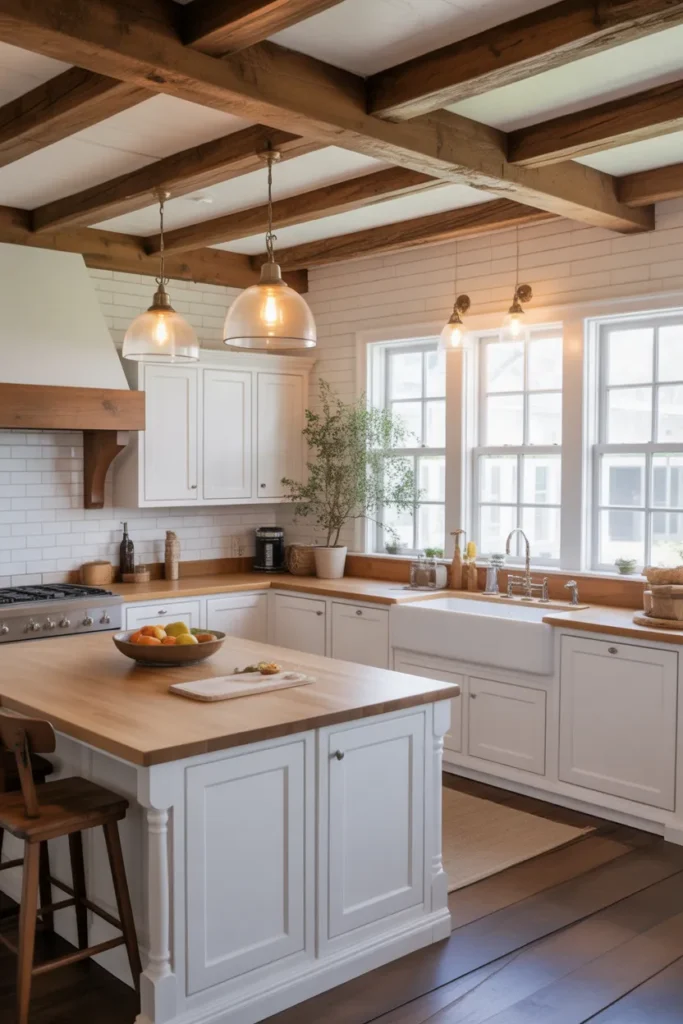Rustic Wooden Beams with White Cabinets