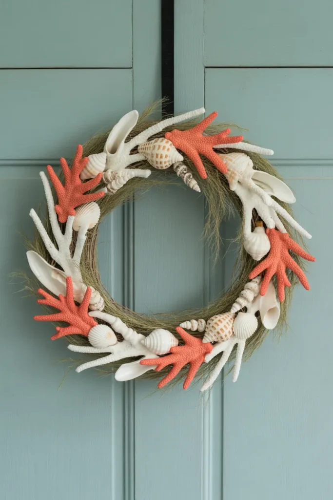 Coral and White Seashell Wreath