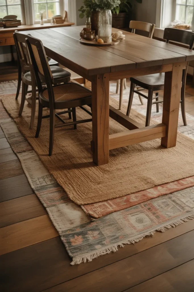Farmhouse Dining with Layered Rugs