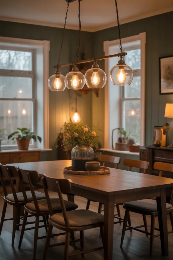Farmhouse Dining with Vintage Lighting