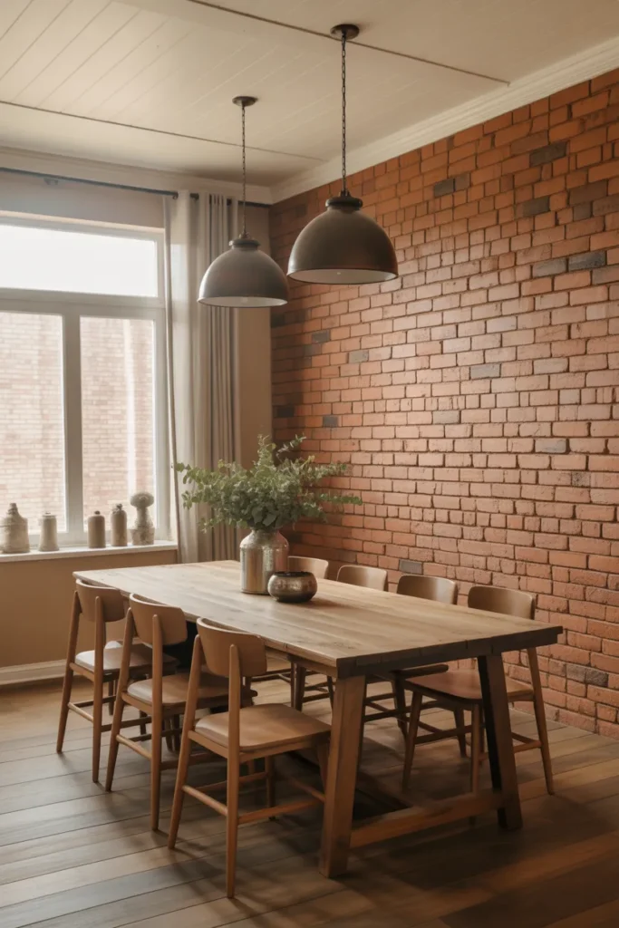 Farmhouse Dining with Brick Accent Wall