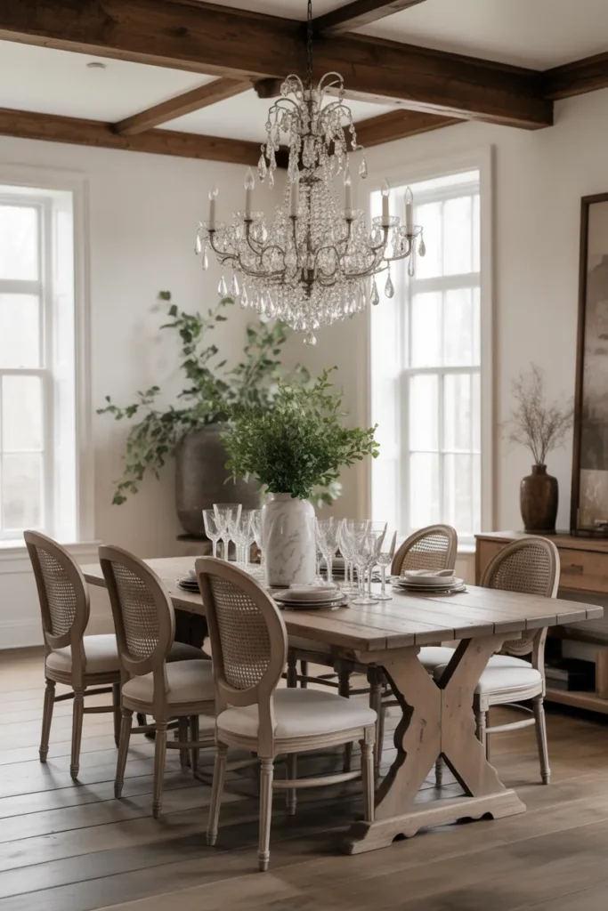 Elegant Farmhouse Dining with Chandeliers