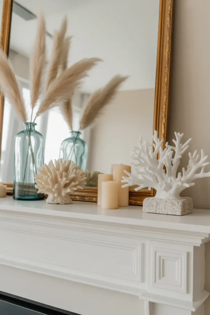  Beachy White Mantel with Coral Accents