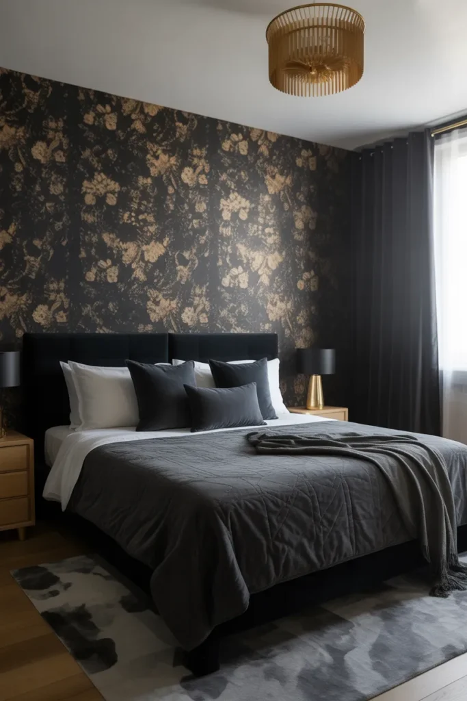 Black Bedroom with Bold Wallpaper