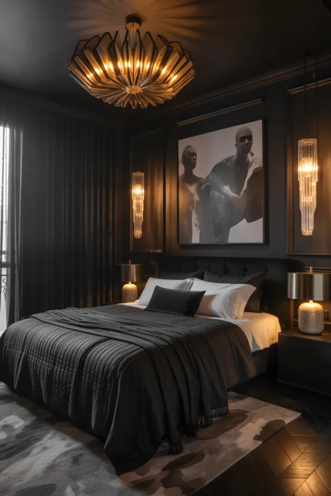 Black Bedroom with Statement Lighting