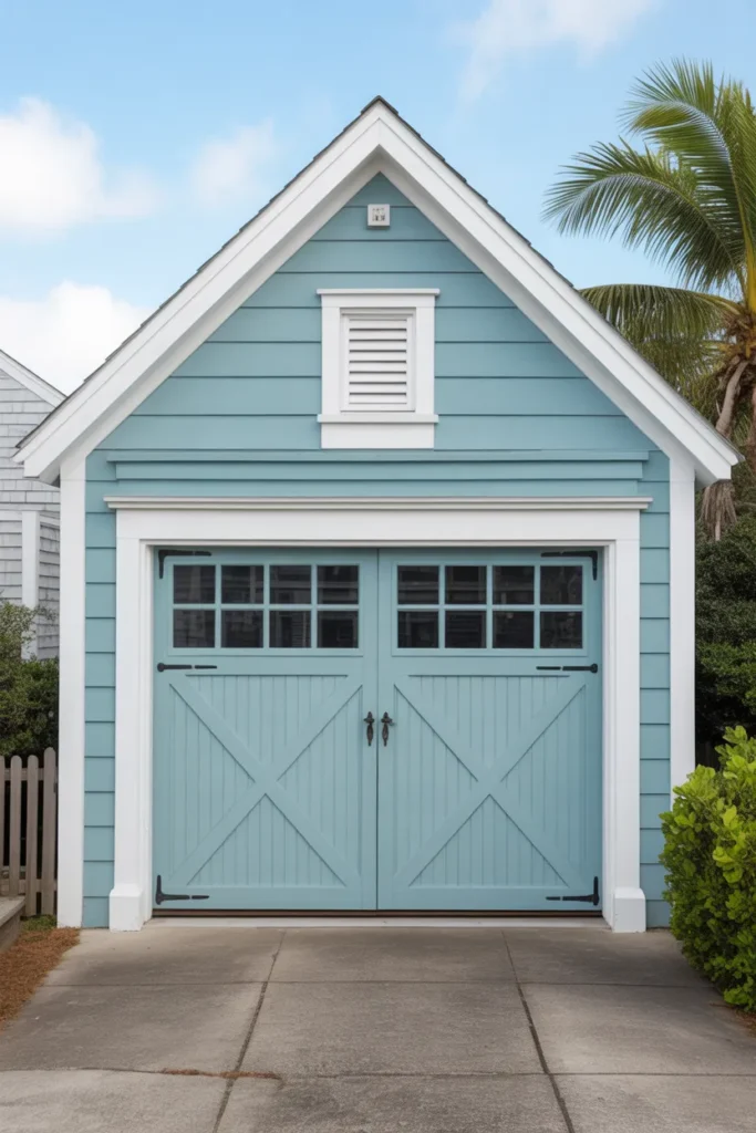 Coastal Blue Garage Door with White Trim