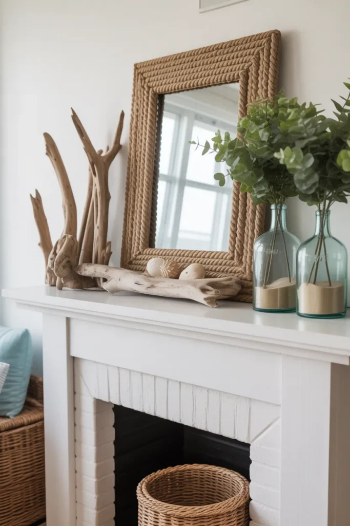  Coastal Cottage Mantel with Driftwood Details