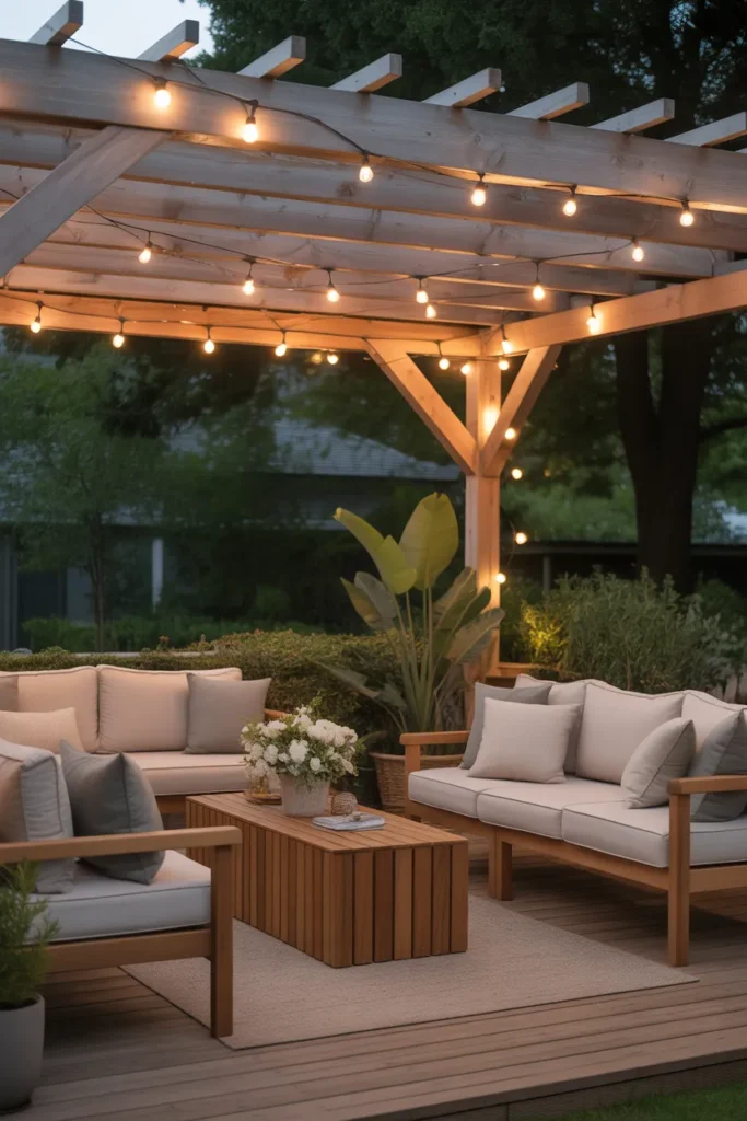 Cozy Wooden Pergola with String Lights