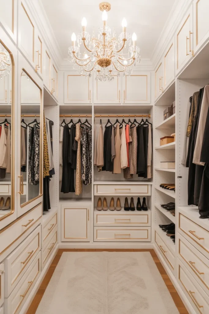 Elegant White Walk-In Closet with Gold Accents