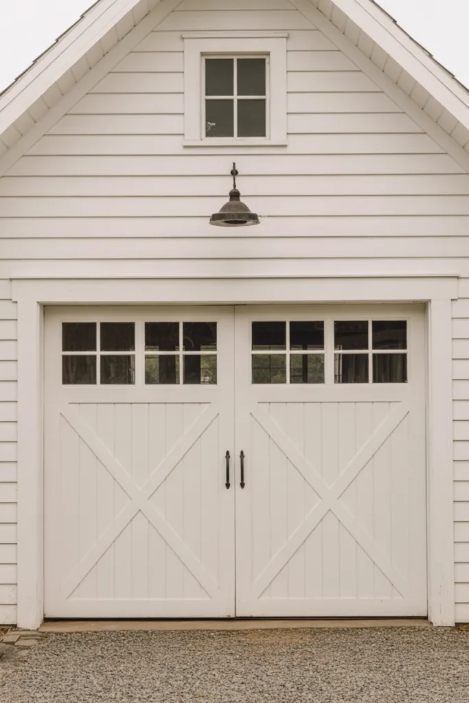Farmhouse White Garage Door with X Trim