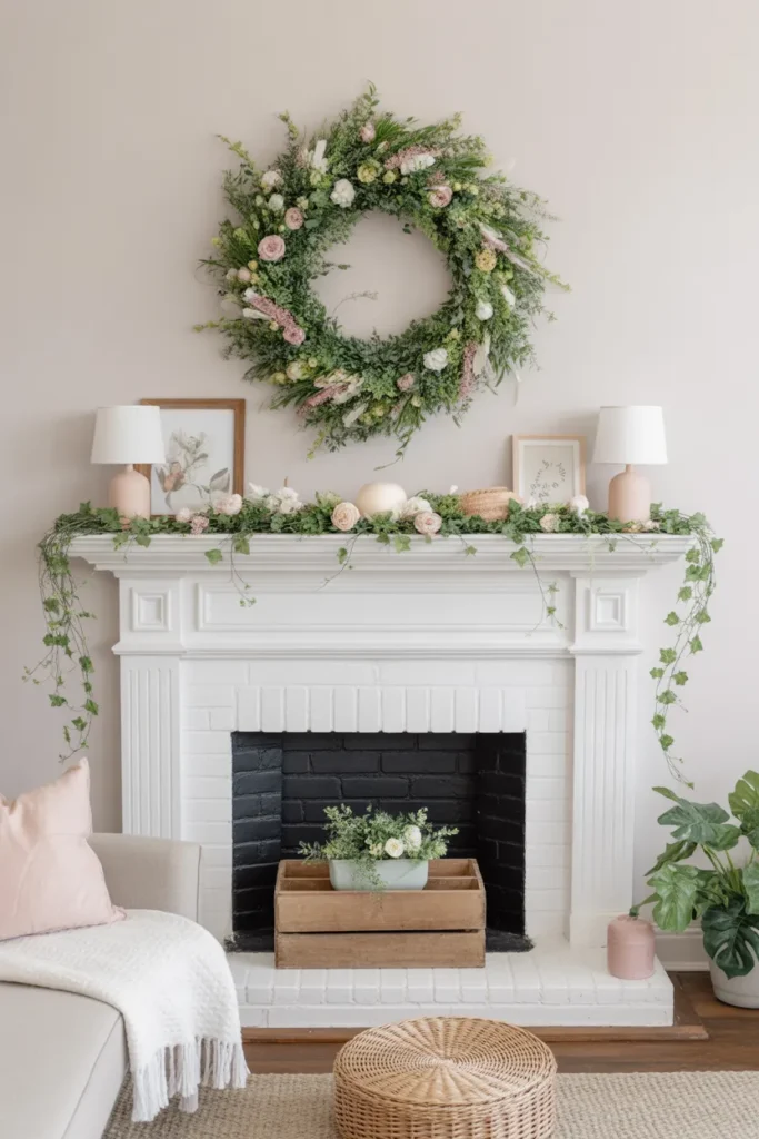 Fresh Wreath Centerpiece Above the Mantel