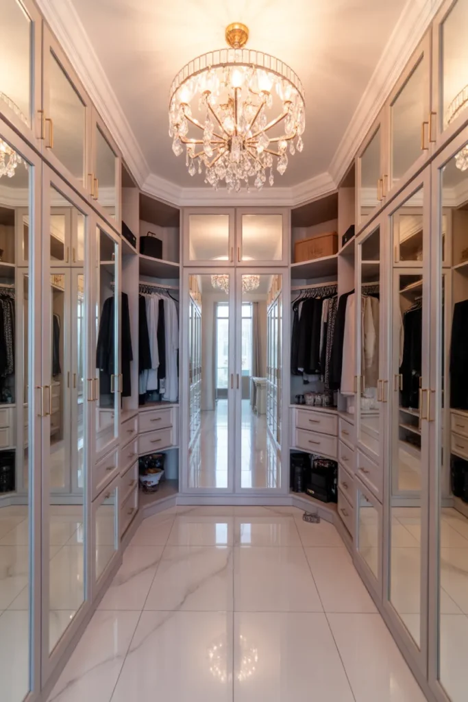 Glamorous Walk-In Closet with Crystal Chandeliers