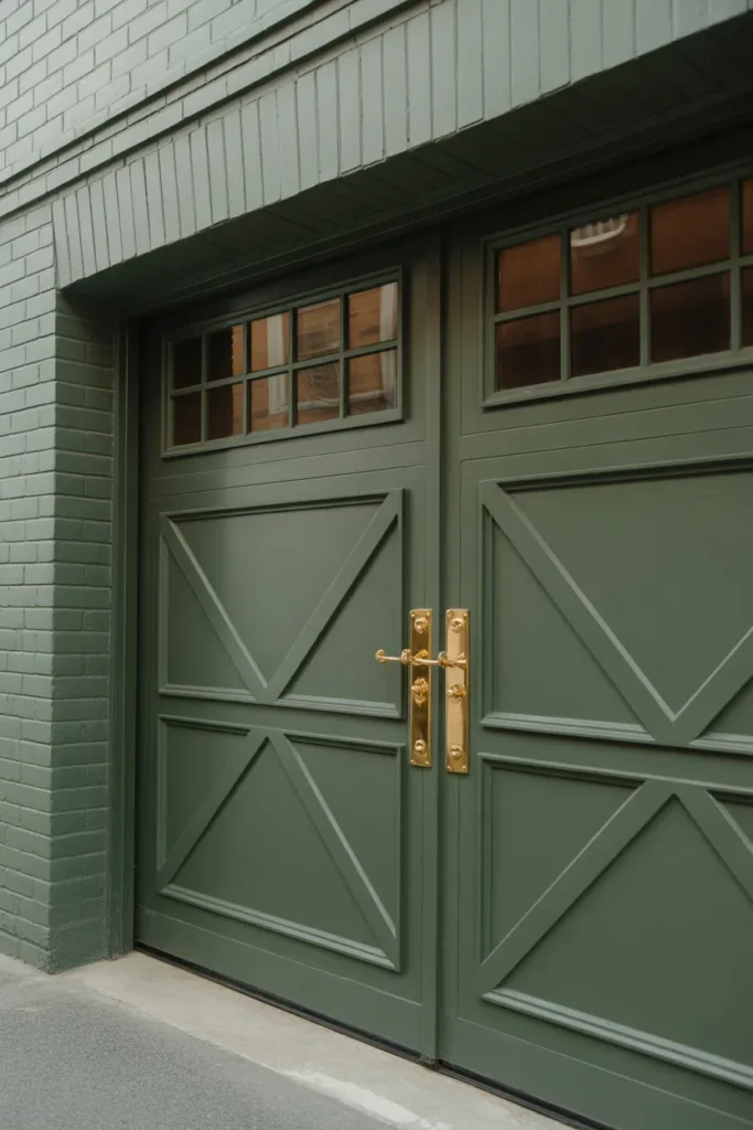 Green Garage Door with Gold Hardware