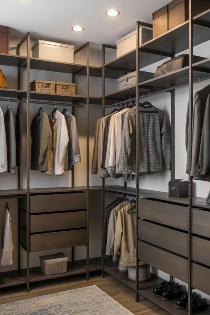Industrial Walk-In Closet with Metal Finishes