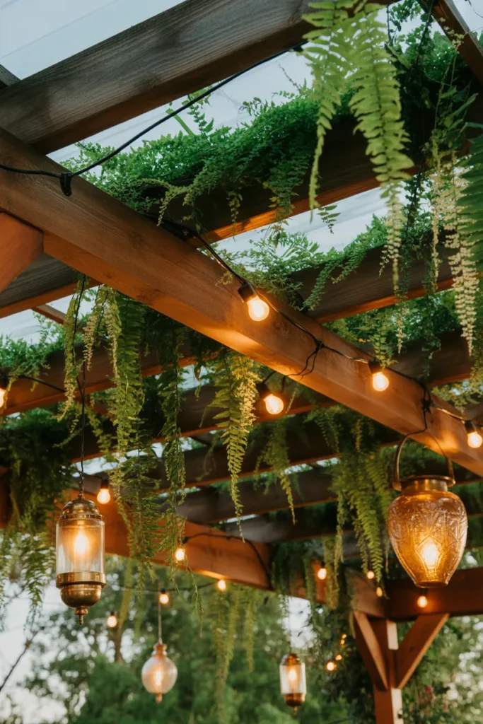 Pergola with Hanging Plants and Lanterns