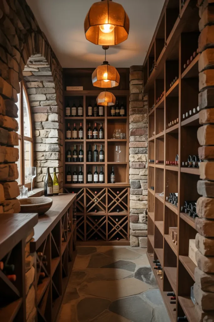 Rustic Stone Wine Cellar with Wooden Racks