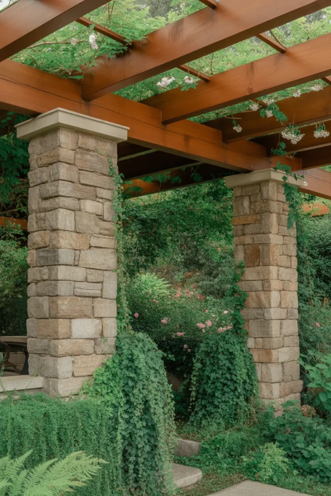 Stone and Wood Pergola Combo